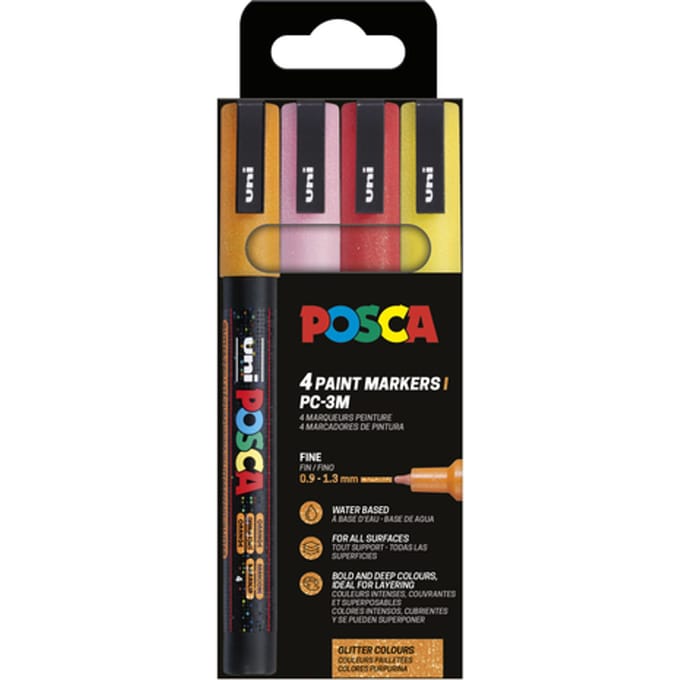 Paintmarker Uni POSCA PC3M fijn glitter warm assorti set à 4 stuks