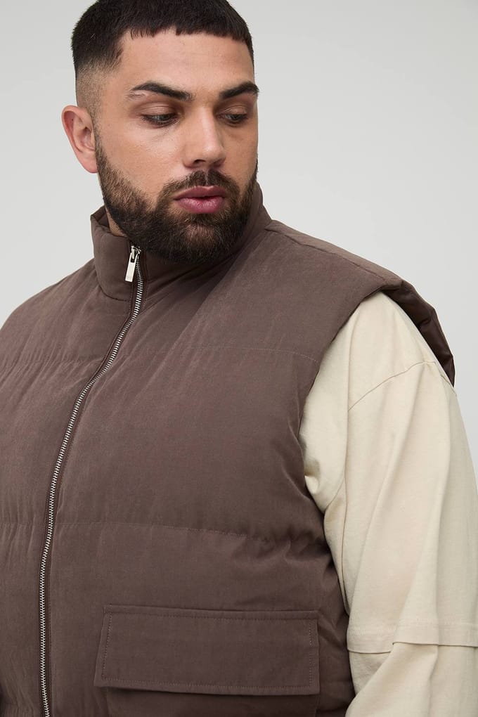 Plus Boxy Faux Suede Funnel Neck Gilet in Chocolate | Size 4XL