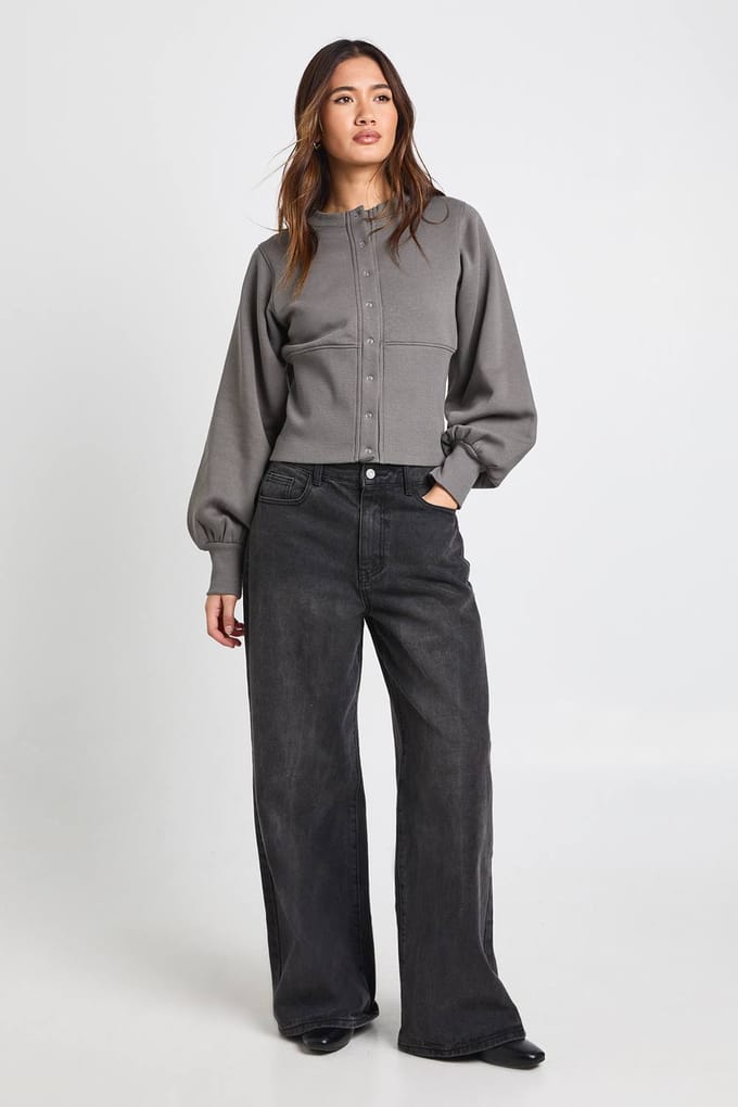 boohoo Dames Ballonmouw Sweatshirt met Getailleerde Taille en Drukknopen | Charcoal | Maat: Large
