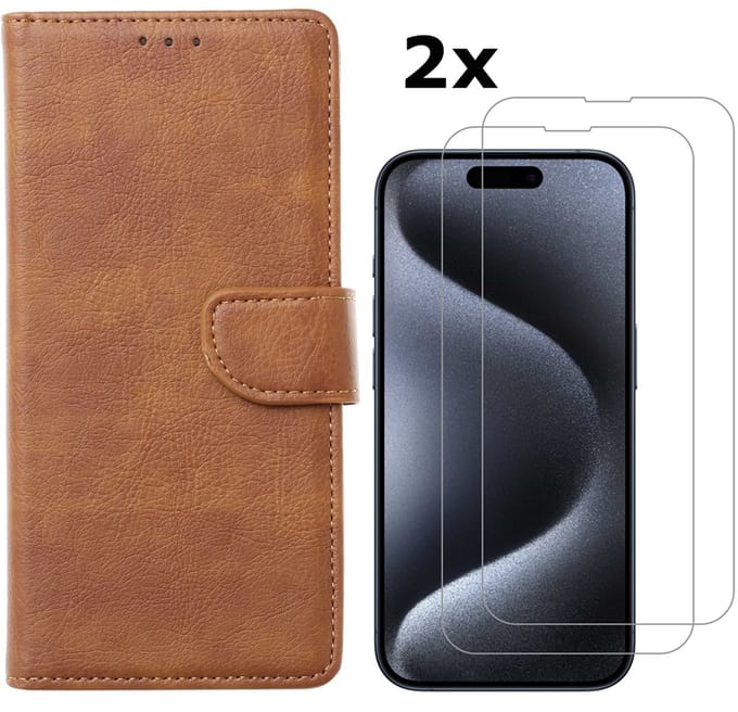 Hoesje Geschikt voor iPhone 15 Pro hoesje bookcase met 2x screenprotector – Bruin