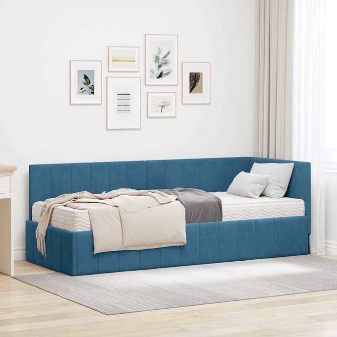 vidaXL - Hoekbedframe - met - Matras - 2 - st - Blauw - 80 - x - 200 - cm - Fluweel