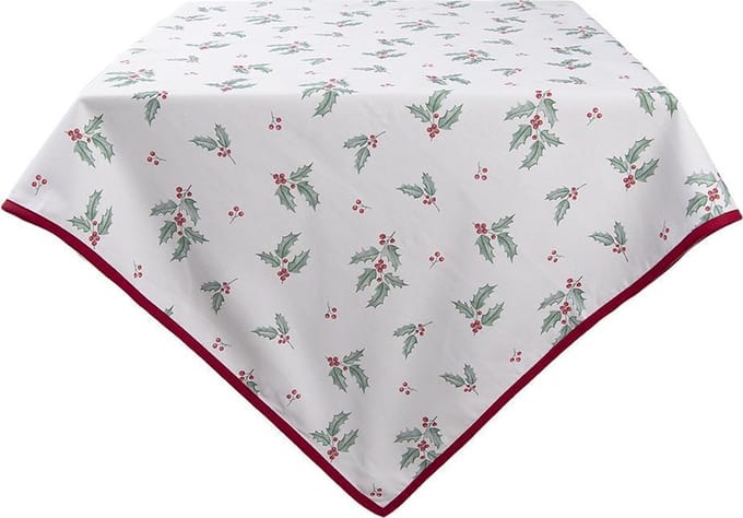 Clayre & Eef Tafelkleed 150x150 cm Wit Rood Katoen Vierkant Hulstbladeren Tafellaken