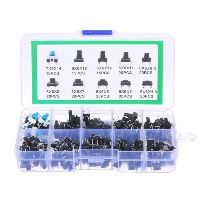Kit d'assortiment de boutons-poussoirs Tactiles, 180 pièces, Micro-interrupteur momentané, 10 valeurs 6x6mm, 4 broches noir