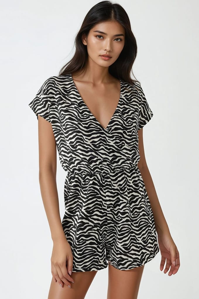Gedrukt V-hals Mini Jumpsuit met Korte Benen