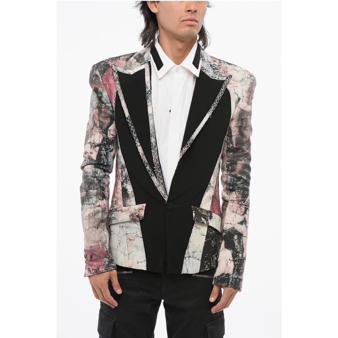 Gestreept linnen blazer met centrale opening, revers en 1 knoop in veelkleurig