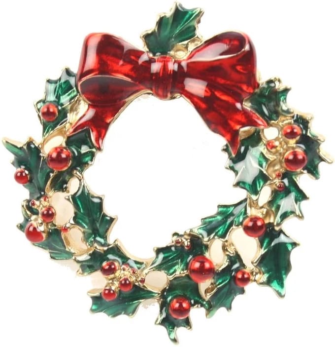 Broche Kerstkrans met rode strik Ø5x1cm