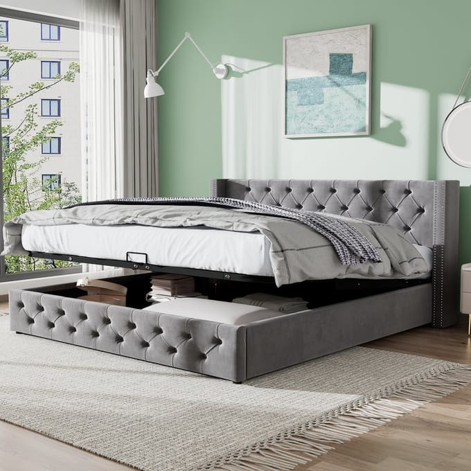 MODFU Bedframe 160x200 cm – Fluweel grijs – Met hydraulische opbergruimte – Chesterfield design