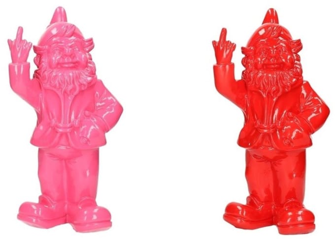 2x Tuinkabouters roze/rood middelvinger 30 cm