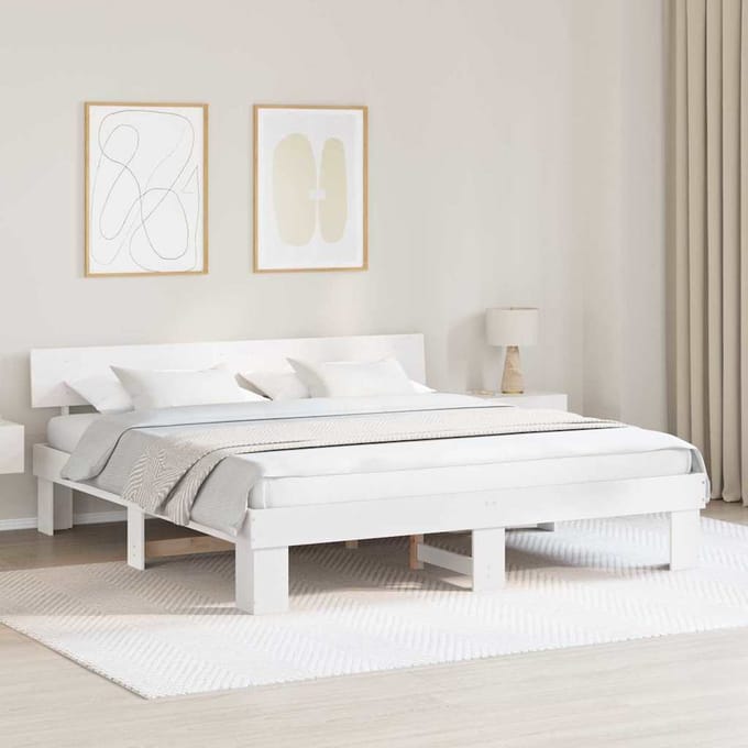 vidaXL - Bedframe - met - hoofdeinde - Wit - 180 - x - 200 - cm - Massief - grenenhout