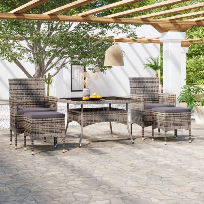 vidaXL - 5-delige - Tuinset - poly - rattan - en - gehard - glas - grijs