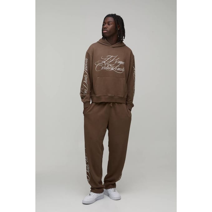 Oversized Boxy Trainingspak Met Gewassen Loopback Stof, Capuchon En Opschrift | Brown | Size Medium