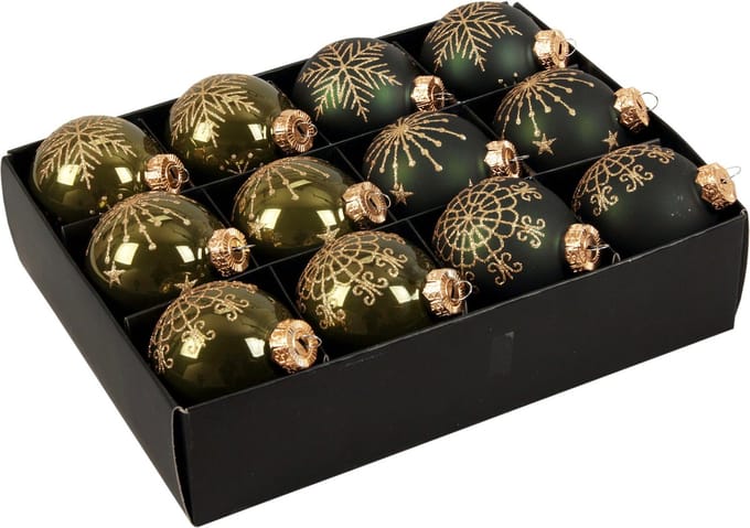 Othmar Decorations Luxe kerstballen - gedecoreerd - 12x - donkergroen - D7,5 cm - glas - kerstversiering