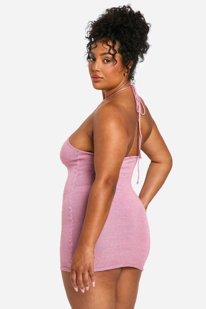 boohoo Dames Plus Glitter Gebreide High Neck Mini Jurk | Roze | Maat: 50