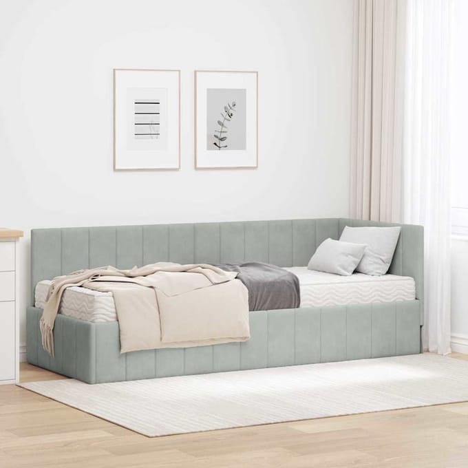 vidaXL - Hoekbedframe - met - Matras - 2 - st - Lichtgrijs - 80 - x - 200 - cm - Fluweel