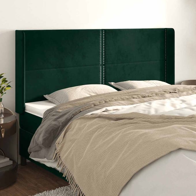 vidaXL - Hoofdbord - met - randen - 203x16x118/128 - cm - fluweel - donkergroen