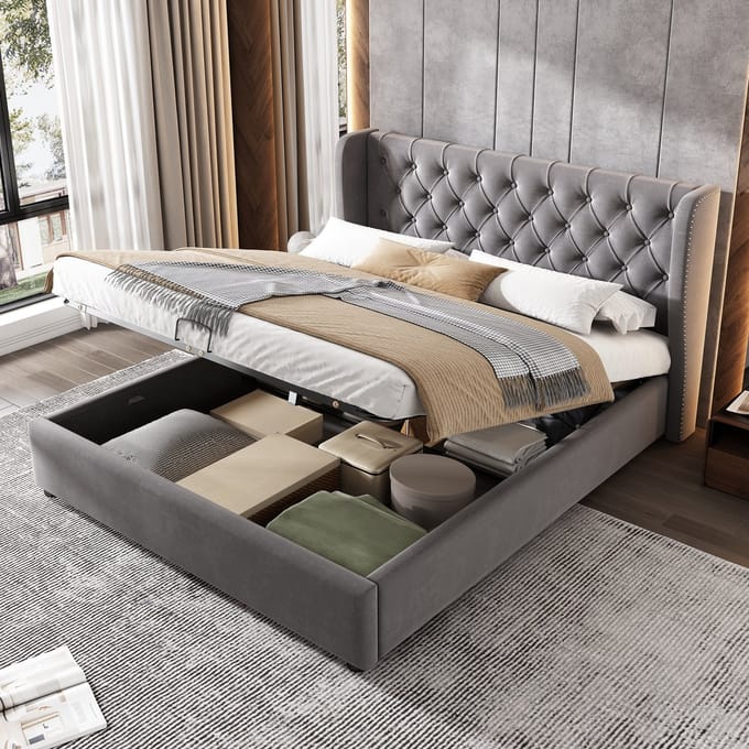 MODFU Gestoffeerd oorkussenbed 140x190 cm – Fluweel grijs – Hydraulische opbergruimte – Modern design