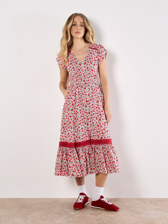 Midi-jurk met kleine bloemenprint en knoopsluiting