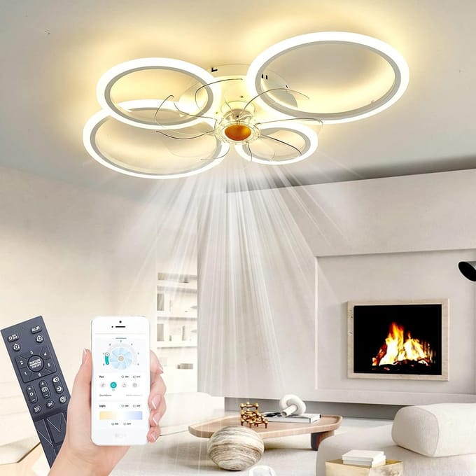 4 Ringen Plafondventilator - Dimbaar Met Afstandsbediening & APP - Wit - 6 Snelheden - Smart lamp - Moderne Ventilator