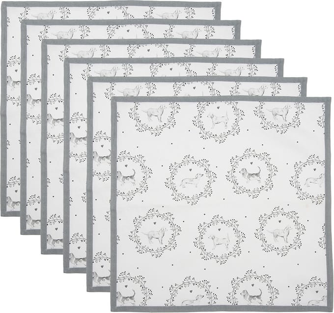 Clayre & Eef Servetten Katoen Set van 6 40x40 cm Wit Grijs Katoen Hond