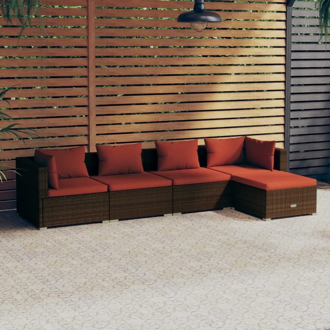 vidaXL - 5-delige - Loungeset - met - kussens - poly - rattan - bruin