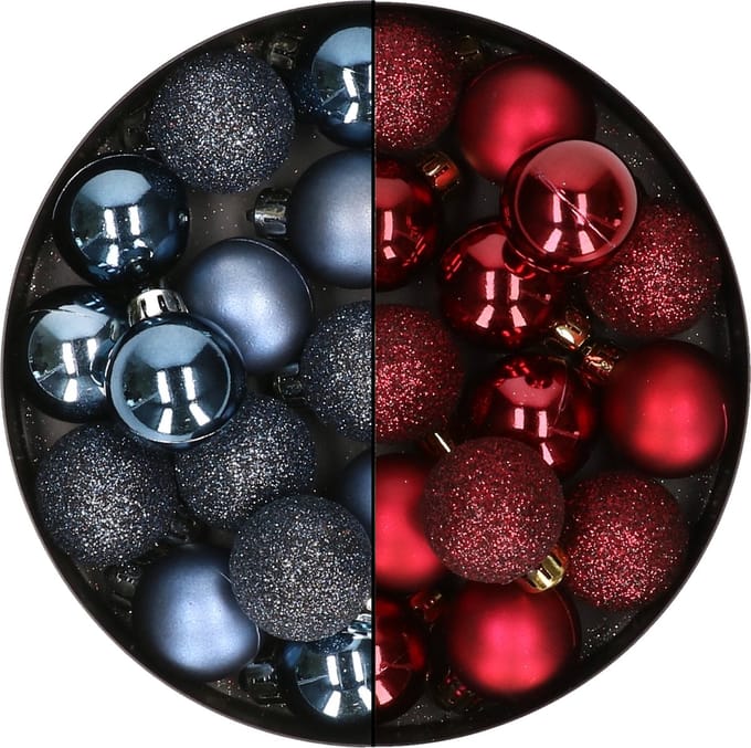 Decoris Mini kerstballen - 14x st - donkerrood - D3 cm - kunststof - kerstversiering