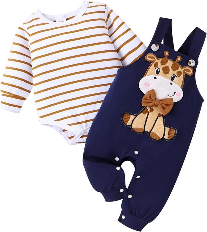 Schattige Jongenskleding Set: Romper met Strepen en Verstelbare Bretelbroek voor Baby's