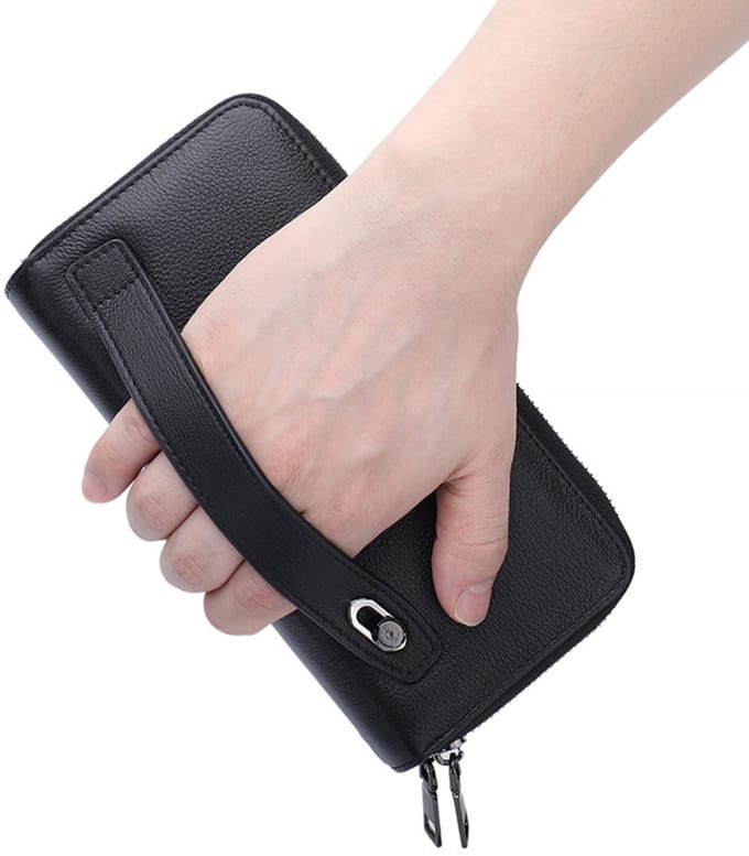 Portemonnee - Dubbele ritssluiting - Echt leer - Grote capaciteit - 20*10*4 cm - Zwart - 1 stuk