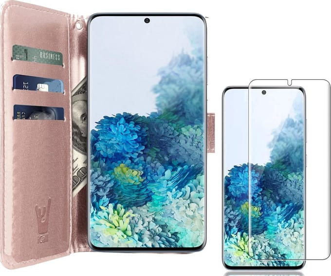 Hoesje geschikt voor Samsung Galaxy S20 Plus - Screen Protector GlassGuard - Book Case Kunstleer Pasjeshouder Rosegoud & Screenprotector