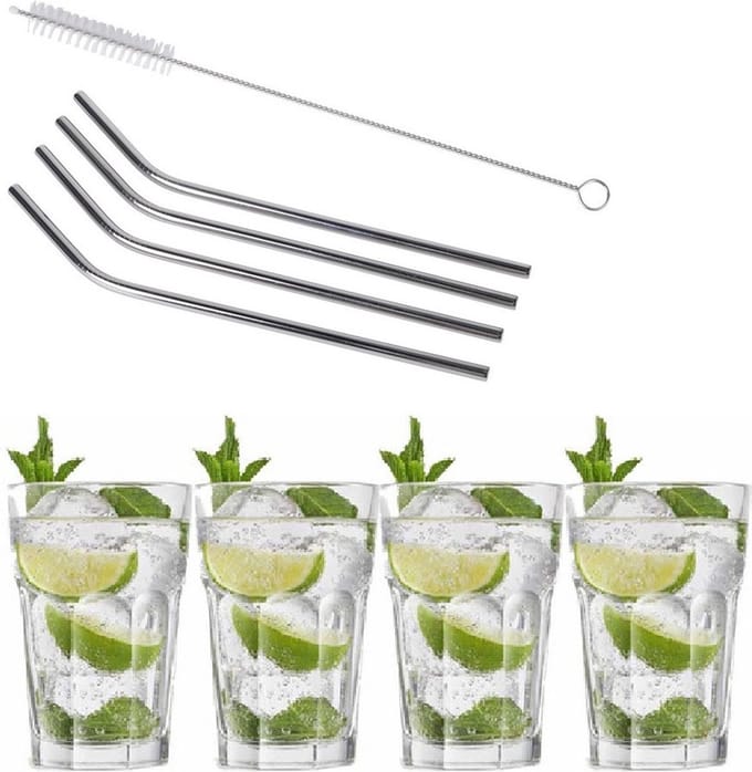 4x Cocktailglazen / Mojito glazen transparant 410 ml - Inclusief 4x RVS herbruikbare rietjes