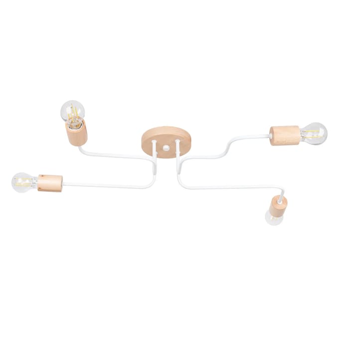 Kroonluchter TIMBO 4 met 4 armen en houten details - Sollux Lighting - IP20 - Wit/natuurlijk hout staal/hout behuizing - 75 x 58 x 16.5 cm - 4 x E27 LED, exclusief lichtbron - 4 x 15 W - Industriële kroonluchter voor gang, hal en keuken