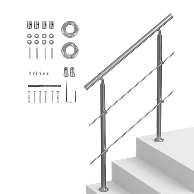 Garde-corps de 39,4 pouces pour marches extérieures, 2 traverses, escalier pour porche, terrasse