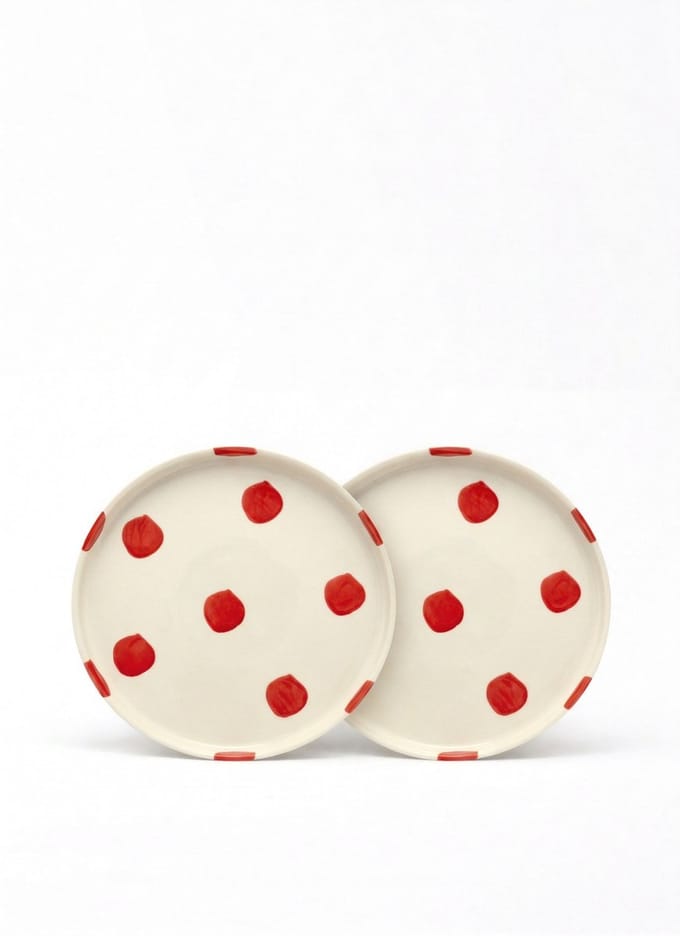 vtwonen - Borden - Lunchbord - Stippen - Rood - Set van 2 - Keramiek - 20cm