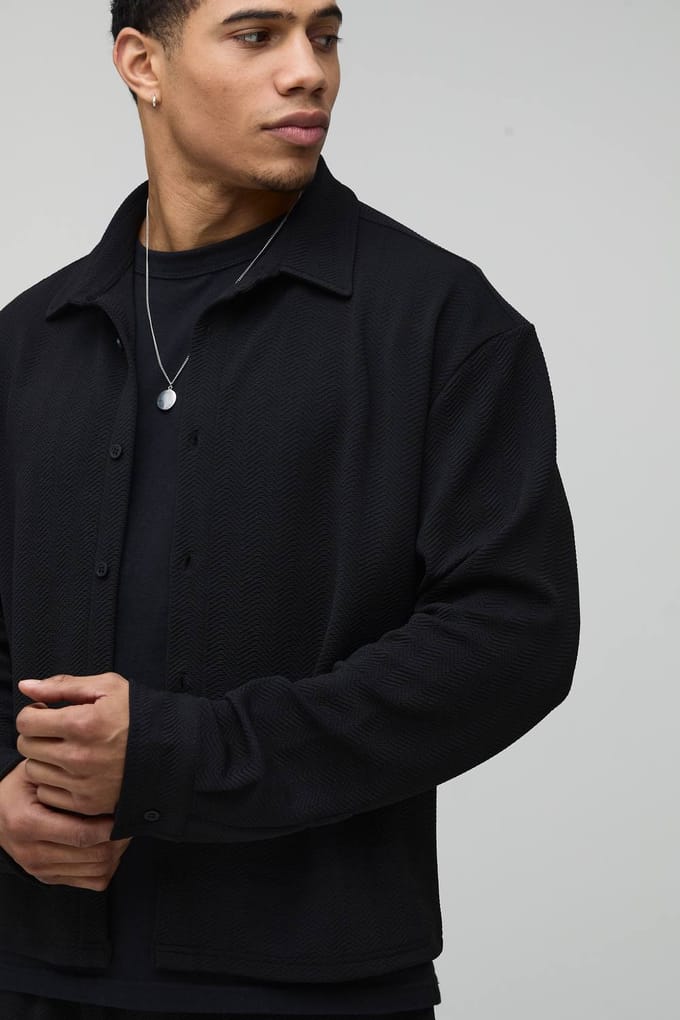Jersey Visgraat Oversized Boxy Shirt & Relaxed Broek Set | Black | Size Large