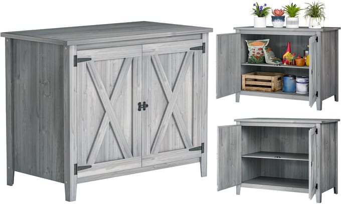 Outsunny-Gartenschrank-Tannenholz-110L x 60B x 88,5Hcm-Hellgrau