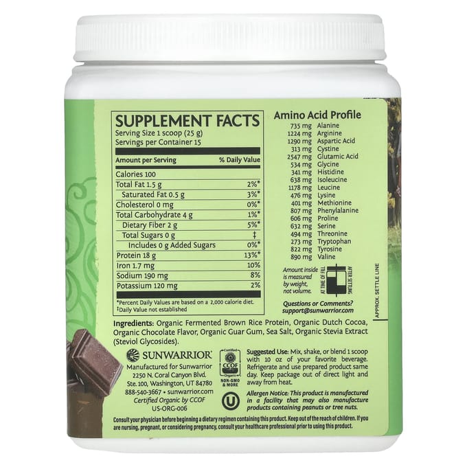 Sunwarrior, Végétal, Protéine Classique, Chocolat, 13,2 oz (375 g)