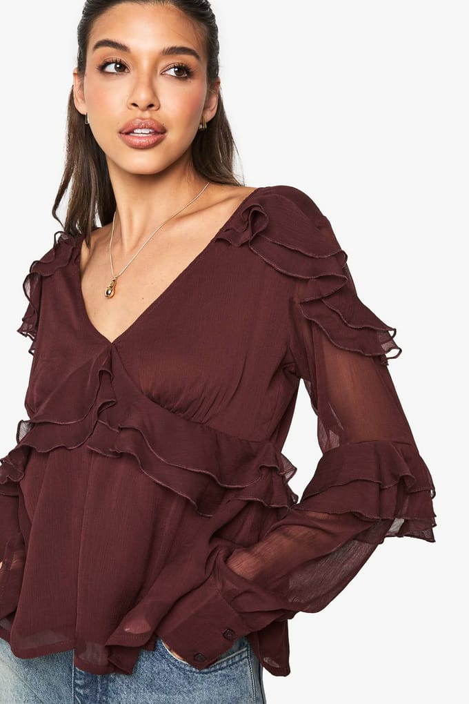 boohoo Dames Blouse met ruches in chiffon | Chocolate | Maat: 6