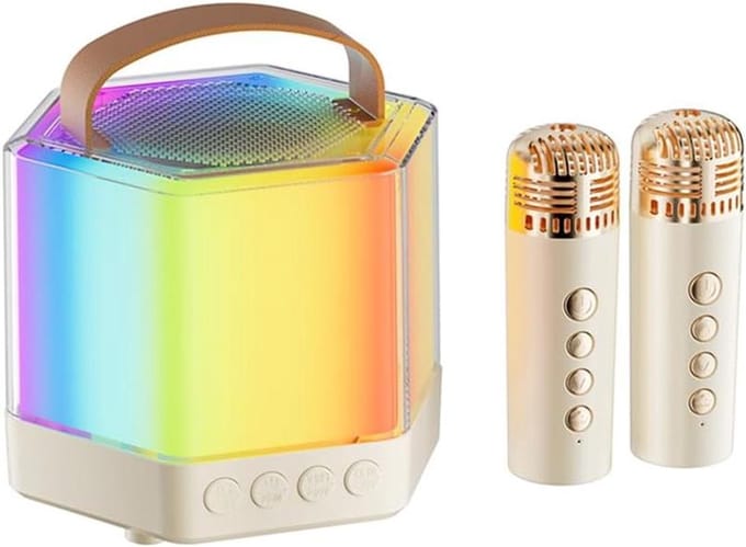 Karaoke Machine - Draagbare Speaker - Feestelijke Muziek - Dubbele Microfoons - 14x12x10 cm - Wit