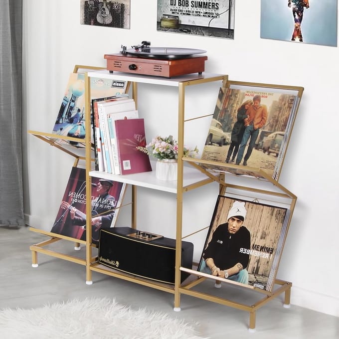 Platenspelerstandaard met 4-laags Vinyl Opslag en Metalen Frame