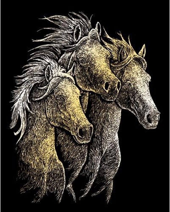 Gold Foil Engraving Art A4 - Horses