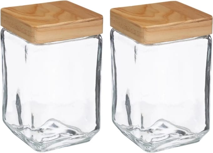 5Five voedsel/spullen voorraadpot - 2x stuks - Glas met houten deksel - 1700 ml - Met luchtdichte sluiting