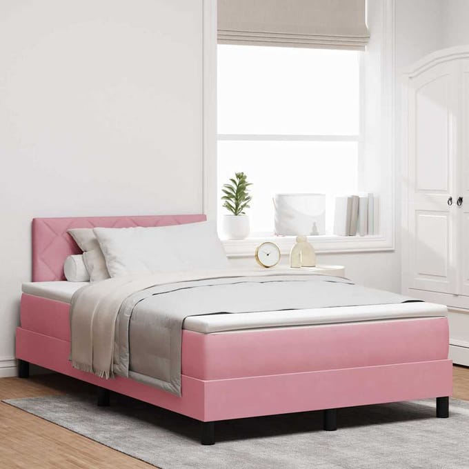 vidaXL - LED - Box - Spring - Bed - met - hoofdeinde - Roze - 120 - x - 200 - cm - Fluweel