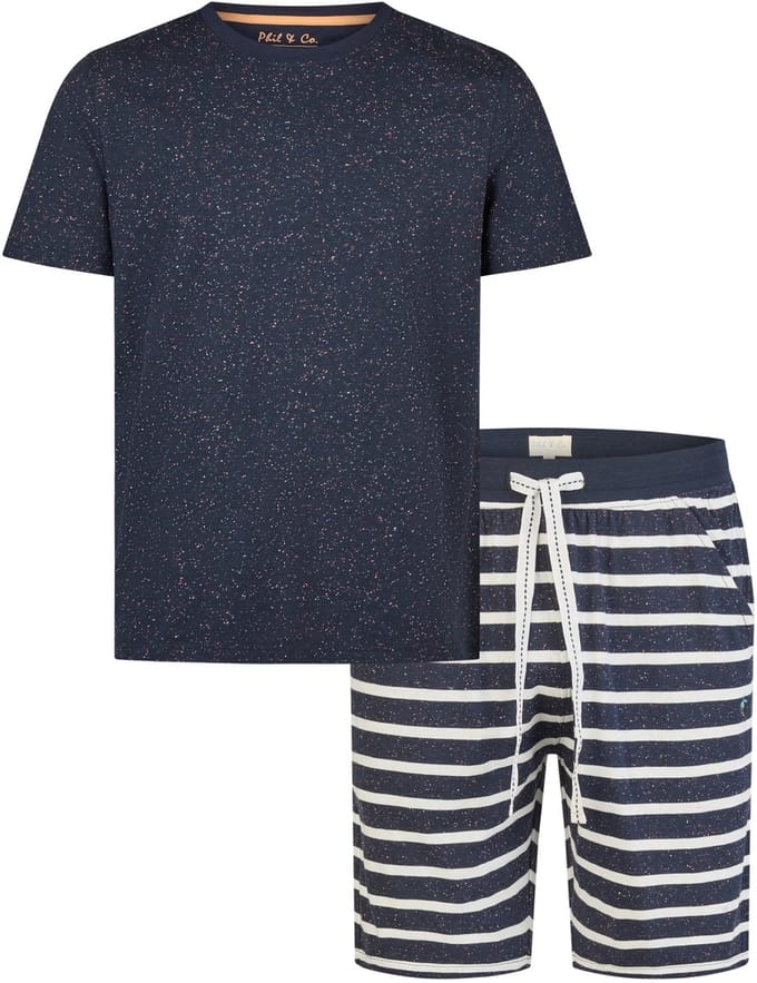 Phil & Co Heren Shortama Korte Pyjama Set Blauw Gemêleerd/Gestreept - Maat XL
