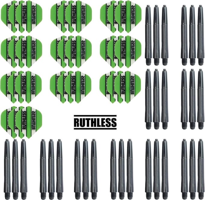Darts Set - 10 Sets Ruthless Flights – darts flights – Groen – plus 10 sets Dragon – darts shafts – medium