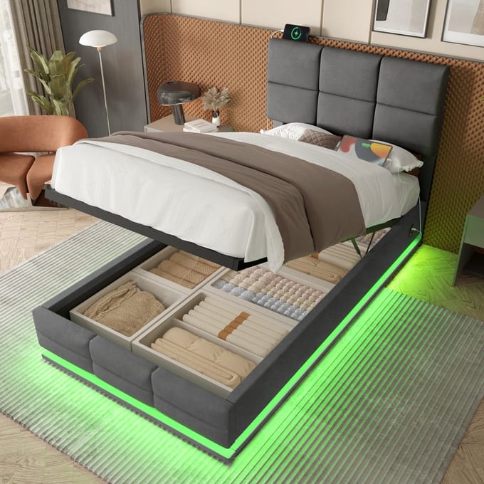 MODFU Bedframe 90x200 cm – Fluweel donkergrijs – Met verstelbaar hoofdbord, LED & hydraulische opbergruimte