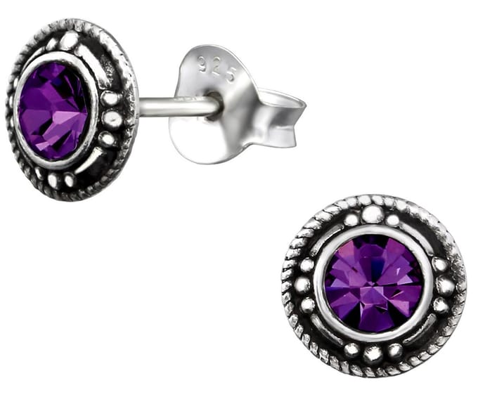 Joy|S - Zilveren Bali classic oorbellen - 7 mm - paars kristal - geoxideerd