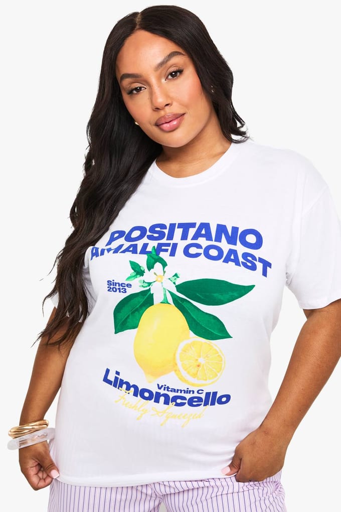 boohoo Dames Plus Positano Amalfi Kust Citroenprint Oversized T-Shirt | Wit | Maat: 52