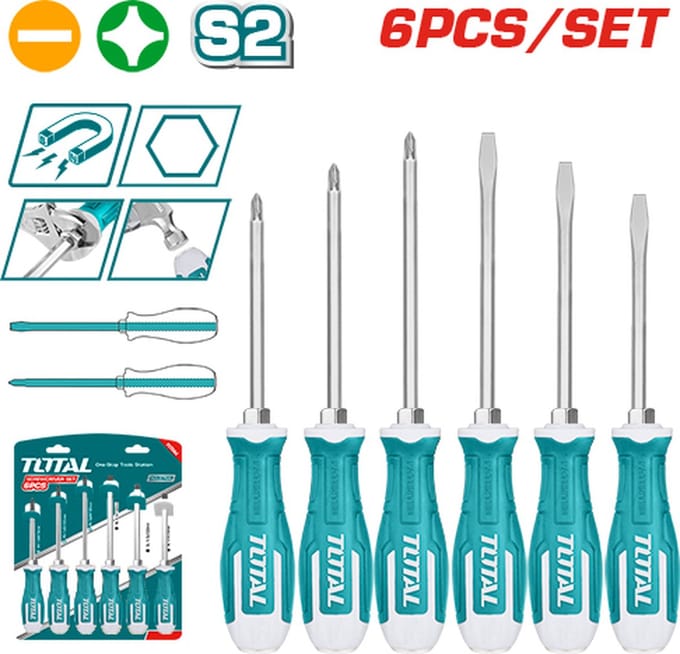 Total Tools schroevendraaierset 6-delig – 3x kruiskop en 3x sleufkop
