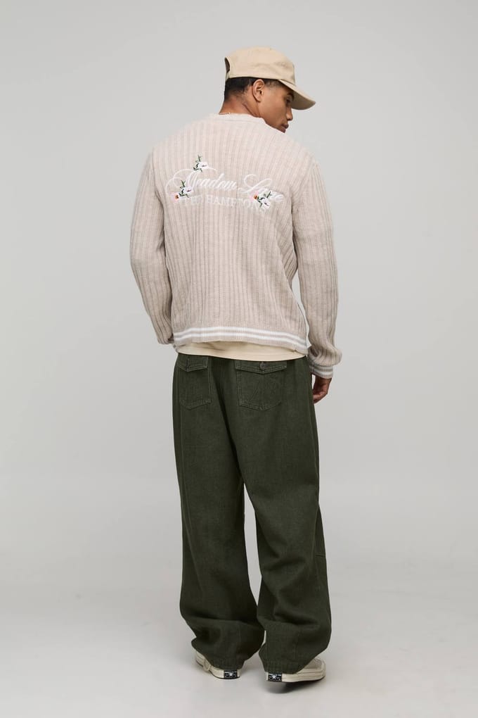 Men's Boxy Floral Varsity Geborduurde Jacquard Gebreide Cardigan | Ecru | Size Medium