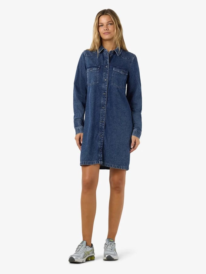 Noisy May New Signe Longsleeve Dames Medium-lengte jurk - blauw - M