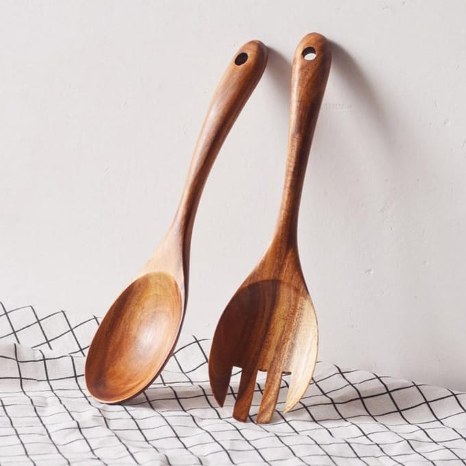 Ensemble de couverts à salade en bois, cuillère et fourchette à salade, ustensiles de cuisine, 2 pièces E brown